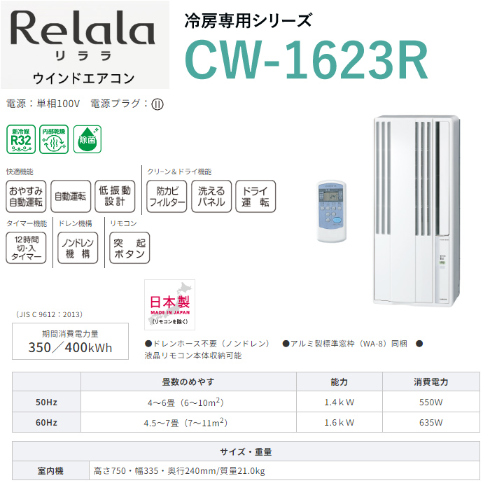 窓用エアコン コロナ 冷房専用 4畳～6畳 Relala リララ ウインドエアコン 2023年モデル CW-1623R-WS シェルホワイト