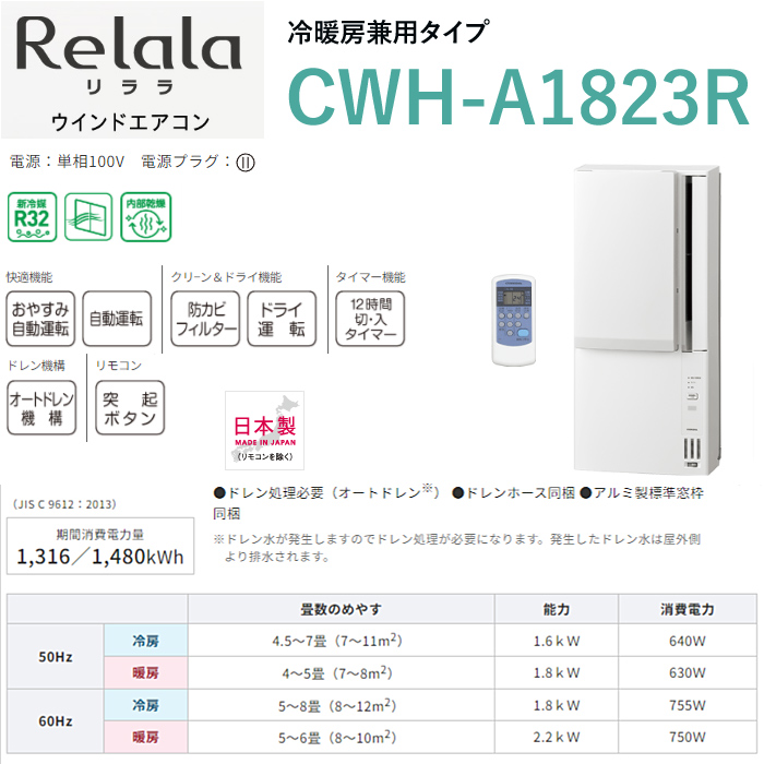 窓用エアコン コロナ 冷暖房兼用 4.5～7畳 Relala リララ ウインドエアコン 2023年モデル CWH-A1823R-W ホワイト