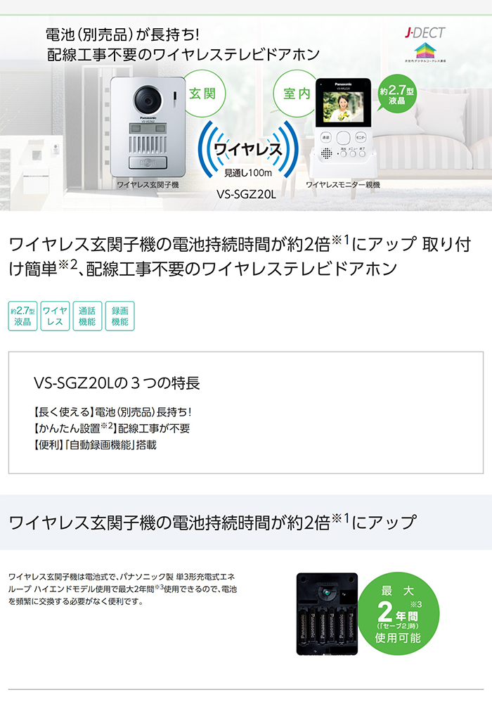 Panasonic パナソニック ワイヤレステレビドアホン VS-SGZ20動作確認