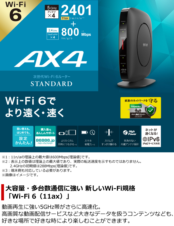 バッファロー Wi-Fi6 11ax対応 Wi-Fiルーター 2401+800Mbps AirStation WSR-3200AX4S-BK ブラック  BUFFALO | ＰＣあきんど 公式通販